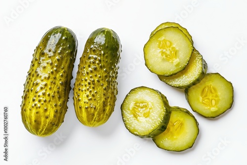 Whole and sliced pickled cucumbers isolated on a white background, showing fresh texture and vibrant color.