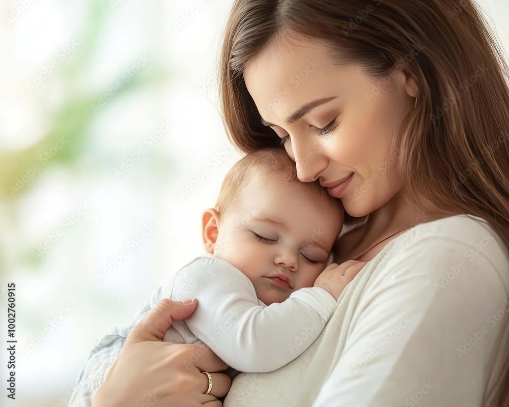 Tender moment of a mother holding her sleeping baby in a soft, serene environment. Tender moment of a mother holding her sleeping baby in a soft, serene environment.