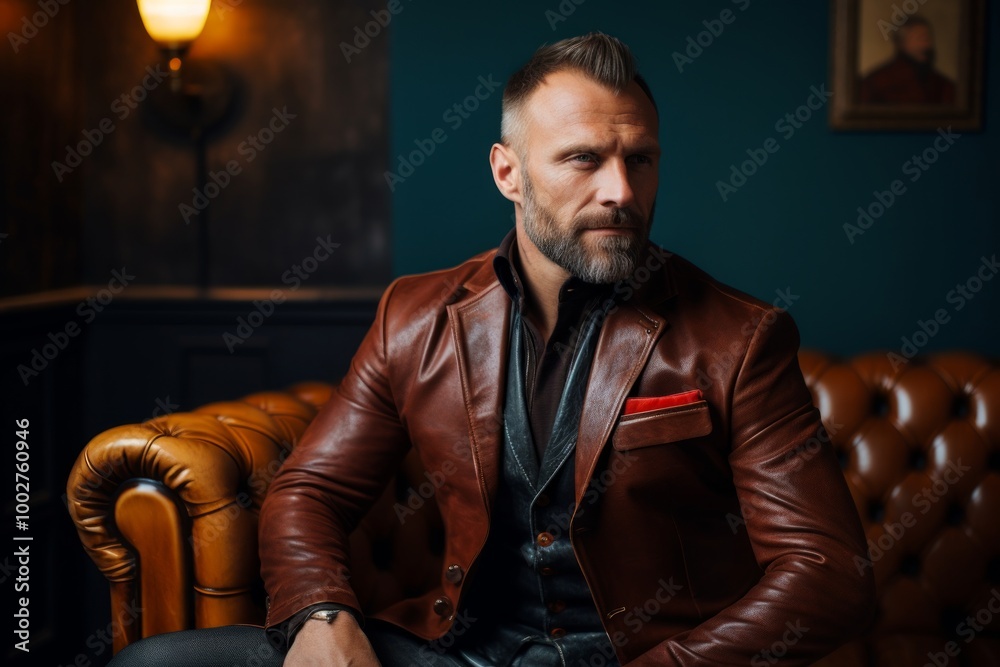 Portrait of a glad man in his 40s sporting a stylish leather blazer on scandinavian-style interior background Portrait of a glad man in his 40s sporting a stylish leather blazer on scandinavian-style interior background