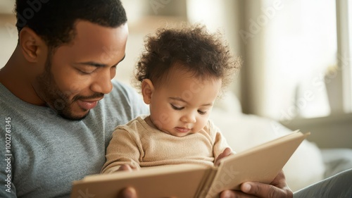 A father reading a book to his baby, capturing a moment of bonding and education.