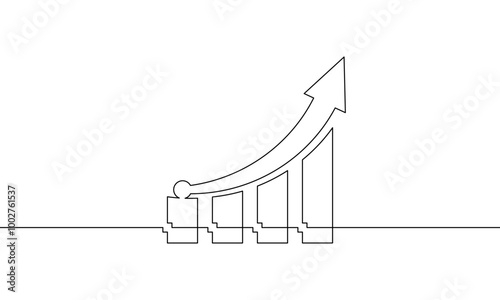 Continuous line drawing of graph. Bar chart icon. Illustration vector of business growth sign symbol. Single line art of increasing arrow up. Object one line