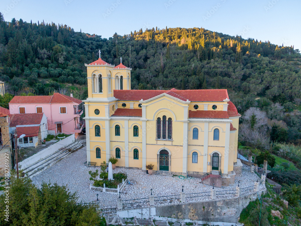 Aerial view of a picturesque landscape featuring a church surrounded by lush greenery, hills, and mountains under a serene sky, Aerial view of a picturesque landscape featuring a church surrounded by lush greenery, hills, and mountains under a serene sky,