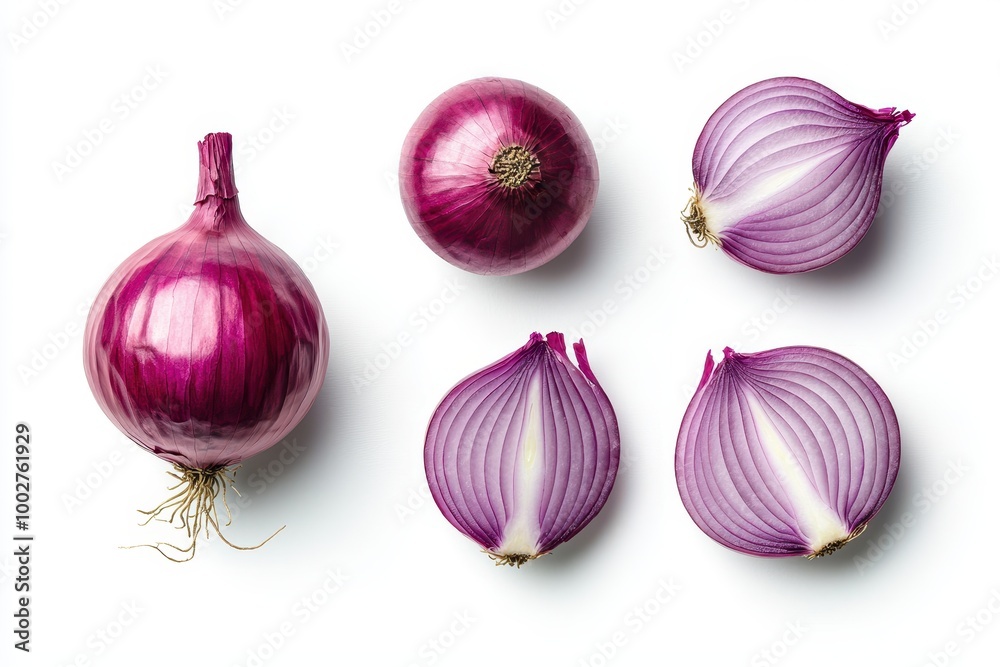 Whole and halved red onions isolated on a white background, minimalistic food photography, top view. Whole and halved red onions isolated on a white background, minimalistic food photography, top view.