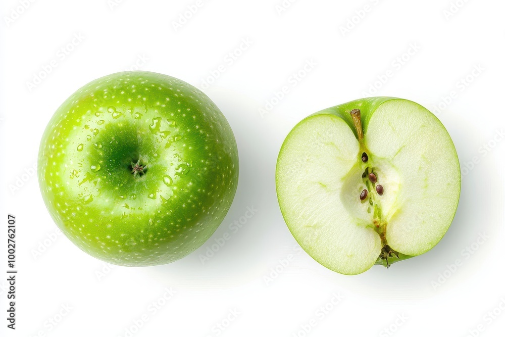 Whole and halved green apples with seeds, isolated on a white background, minimalistic food photography, top view. Whole and halved green apples with seeds, isolated on a white background, minimalistic food photography, top view.