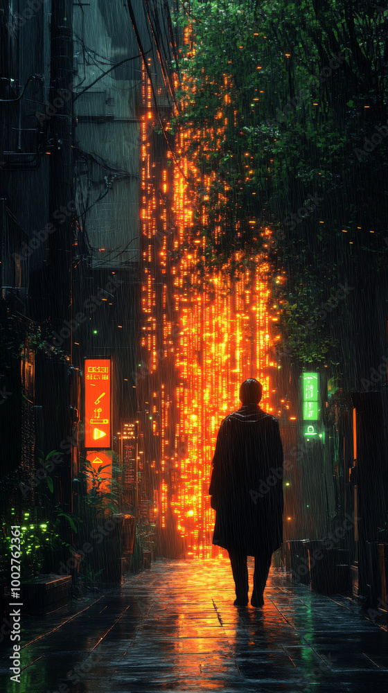 A lone figure walks down a dark alley illuminated by a wall of light. A lone figure walks down a dark alley illuminated by a wall of light.