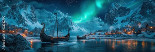 Enchanting Fantasy Landscape with Viking Ships, Snowy Mountains, and Northern Lights in a Magical Night Sky