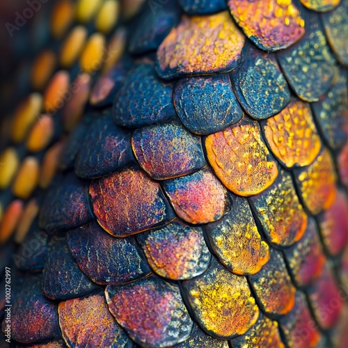 A close up of a colorful dragon's scales photo