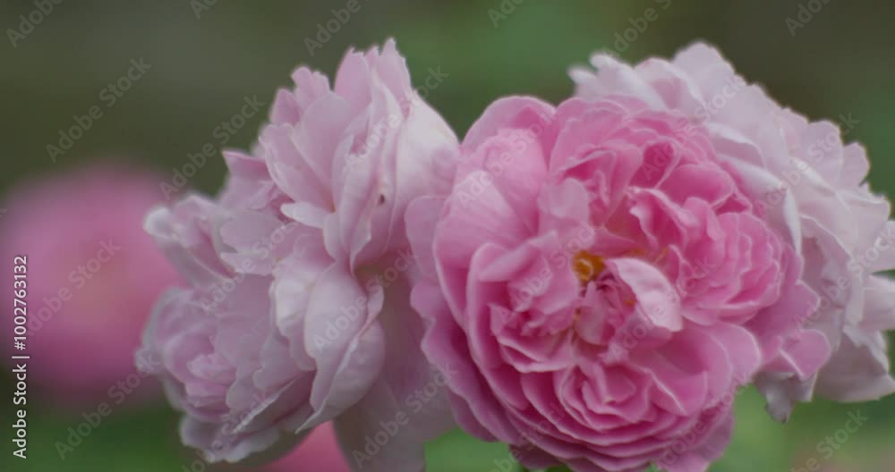 A rack focus and gentle pan to the left reveals a beautiful bouquet of roses, transitioning to another bouquet still attached to the rosebush, slowly moving in the wind