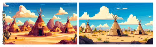 Wigwams cartoon background. Indian tipi trip native american tribal home tent, indians camp wild west hut western shelter arizona desert tribe camping landscape vector illustration