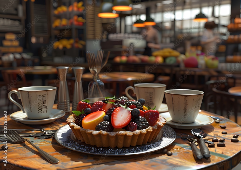 Fruit Tart and Coffee in a Cafe Fruit Tart and Coffee in a Cafe