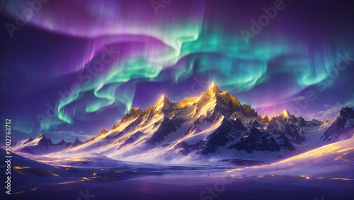 A breathtaking view of snow-capped mountains under a vibrant aurora borealis display.