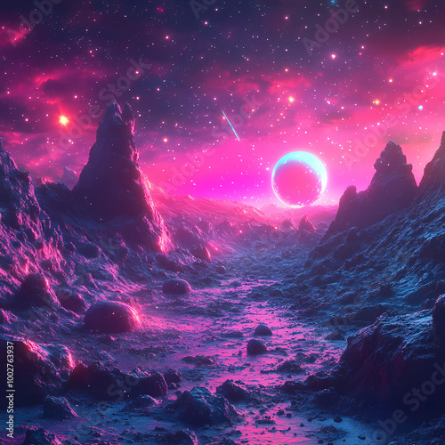 spacescape art: Asteroid Field in a Synthwave Style: A Spacescape Art Piece photo