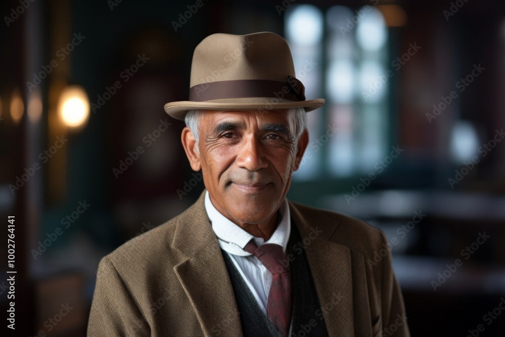 Portrait of a satisfied indian man in his 60s donning a classic fedora in scandinavian-style interior background Portrait of a satisfied indian man in his 60s donning a classic fedora in scandinavian-style interior background