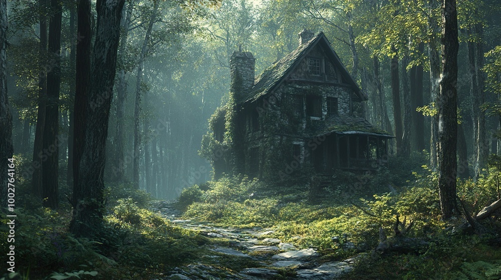 Enchanted Stone House in a Foggy Forest - Digital Art Enchanted Stone House in a Foggy Forest - Digital Art