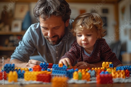 Father and son collaborate on colorful plastic block constructions a fun learning experience