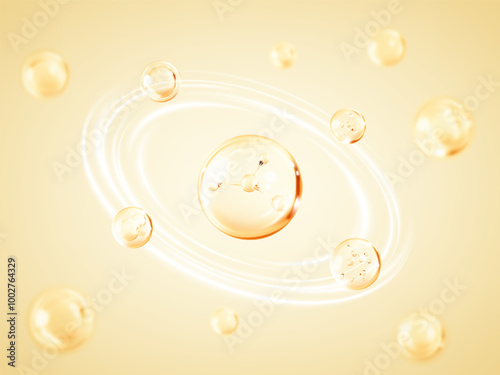 Transparent bubbles with molecules inside. Collagen skin serum. Cosmetic essence or moisturizer. Concept skin care cosmetics solution
