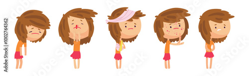 Little Girl Sick Feel Unwell Have Disease Symptom Vector Set