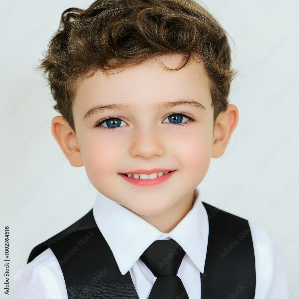 A photo of an attractive young boy with brown hair, blue eyes and wearing white shirt black tie and vest on isolated background. He is smiling at the camera and has short curly brown wavy hairstyle. A photo of an attractive young boy with brown hair, blue eyes and wearing white shirt black tie and vest on isolated background. He is smiling at the camera and has short curly brown wavy hairstyle.