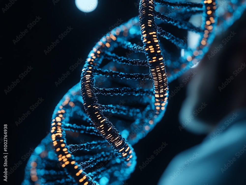 DNA helix structure on a glowing digital screen, scientists in the background, Biological lab, Genetic research DNA helix structure on a glowing digital screen, scientists in the background, Biological lab, Genetic research