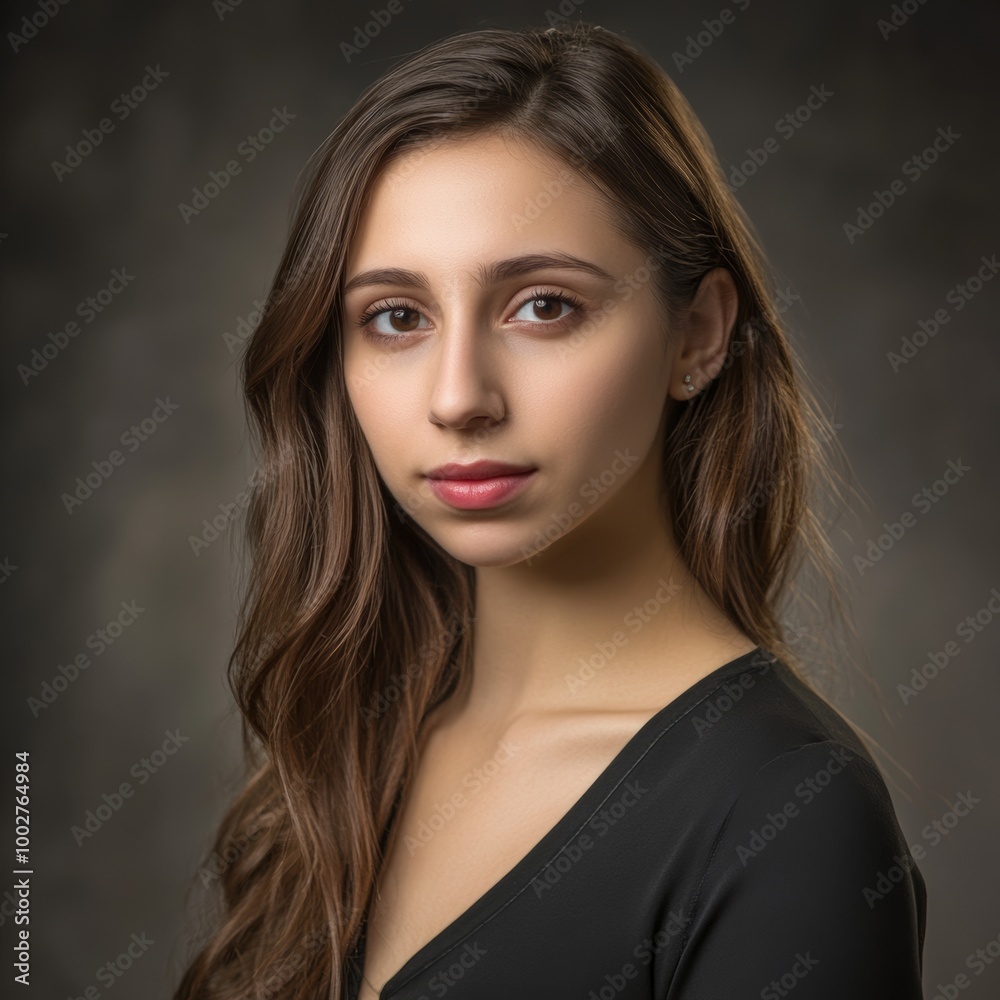 Naklejka premium A studio headshot portrait of a young woman in her mid-twenties. Her expression should be warm yet neutral and professional, suitable for acting headshots and casting calls. 