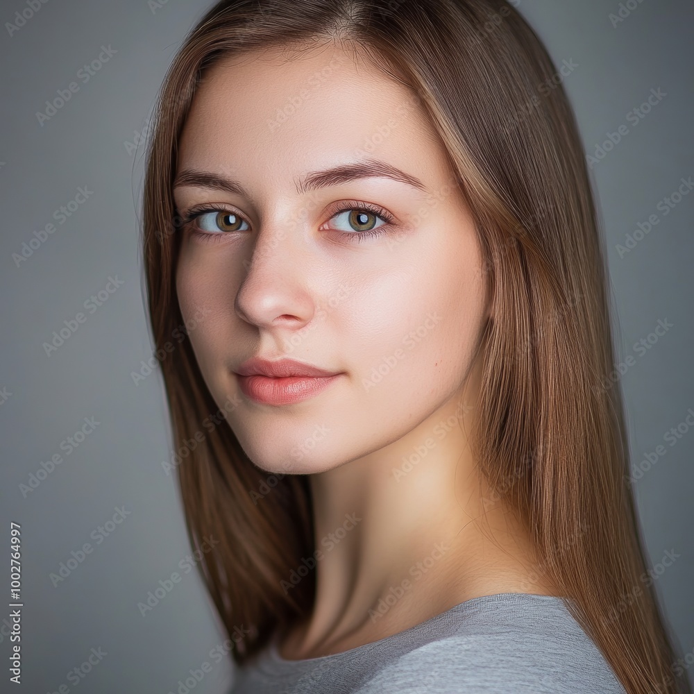Naklejka premium A studio headshot portrait of a young woman in her mid-twenties. Her expression should be warm yet neutral and professional, suitable for acting headshots and casting calls. 