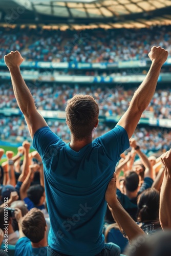 Vibrant stadium scene crowd of cheering fans dressed in various colors. Man in blue shirt raises arms in celebration, surrounded by architectural grandeur of stadium curved roof, expansive seating