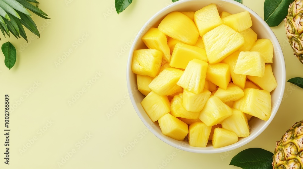 Bowl of mango and pineapple chunks, blank copy space surrounding, flat design illustration Bowl of mango and pineapple chunks, blank copy space surrounding, flat design illustration