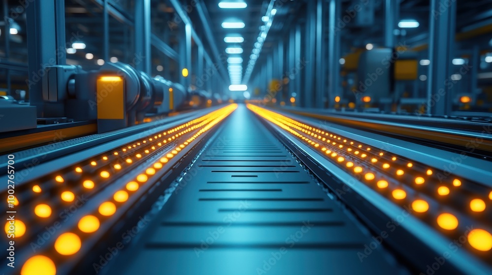 A futuristic conveyor system illuminated with glowing lights in an industrial setting, emphasizing technology and automation. A futuristic conveyor system illuminated with glowing lights in an industrial setting, emphasizing technology and automation.