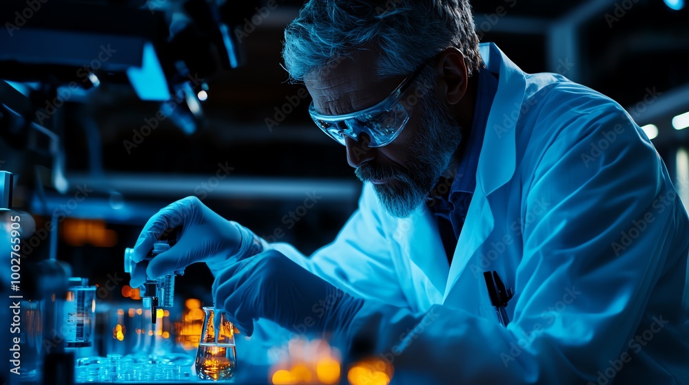 Researcher wearing a protective lab coat, handling samples in a hightech bio lab, Biological lab, Scientific research Researcher wearing a protective lab coat, handling samples in a hightech bio lab, Biological lab, Scientific research