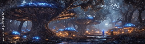 Enchanted Forest with Glowing Mushrooms and Mystical Light - Fantasy Scenery photo