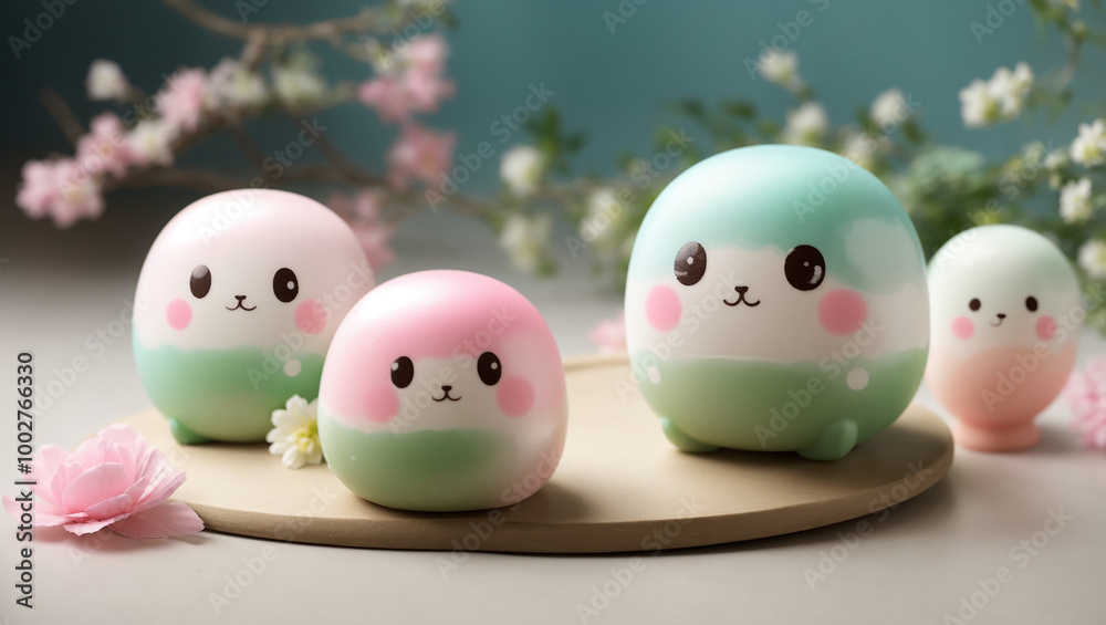 Three round, pastel-colored buns, shaped like animals with faces, sit on a light wooden plate. Pink, light green, and mint green colors. Three round, pastel-colored buns, shaped like animals with faces, sit on a light wooden plate. Pink, light green, and mint green colors.