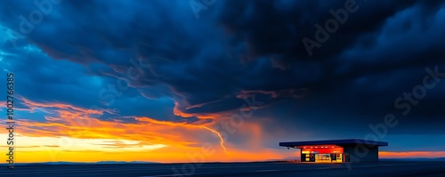 Straight highway under a dramatic stormy sky, with distant lightning illuminating the clouds, Highway landscape, Stormy highway photo