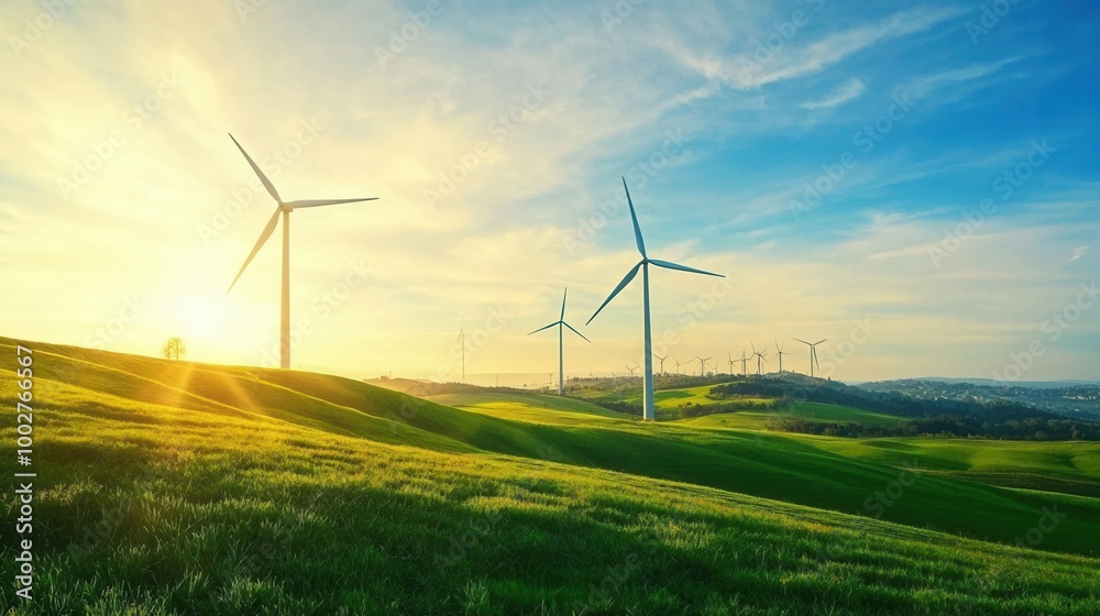 Obraz premium A wind farm on rolling hills, symbolizing renewable energy and the responsibility to protect the planet, [sustainability , renewable , responsibility], [clean energy initiative],
