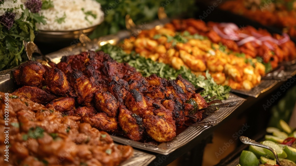 Feast of Indian delicacies including chicken tikka masala, tandoori chicken, and assorted starters, highlighting rich colors and bold spices.