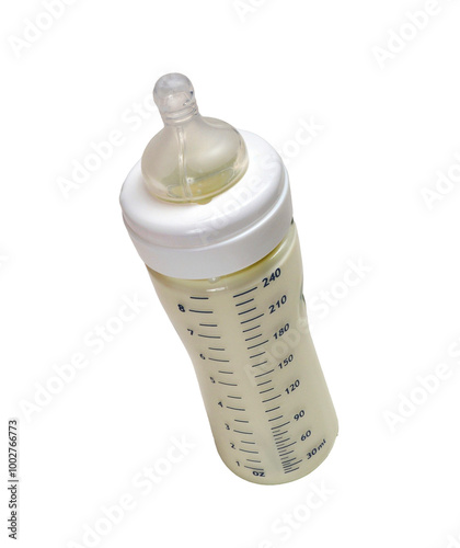 Baby bottle milk isolated on transparent layered background.