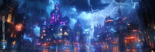 Stormy Fantasy City with Glowing Streets Flooded by Rain, Towering Buildings Glowing with Magical Light, and Lightning Illuminating the Dark, Swirling Clouds Above. Fantasy Scenery