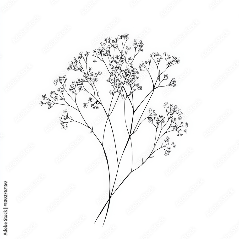 black and white transparent line drawing of a Babys Breath, white background, delicate drawing with no shadows or shading black and white transparent line drawing of a Babys Breath, white background, delicate drawing with no shadows or shading
