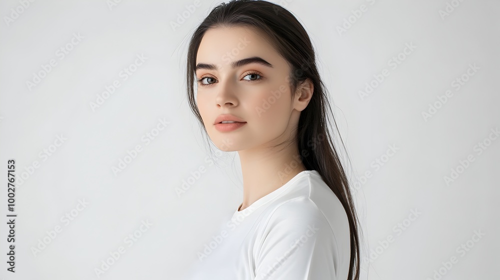 Cheerful Young Female Model Posing With Friendly Smile In Studio Cheerful Young Female Model Posing With Friendly Smile In Studio