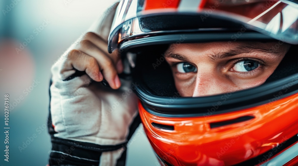 Close-up of Racer in Helmet Preparing for Race Close-up of Racer in Helmet Preparing for Race