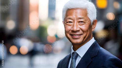 Confident Asian Business Executive Smiling in Urban Outdoor Setting