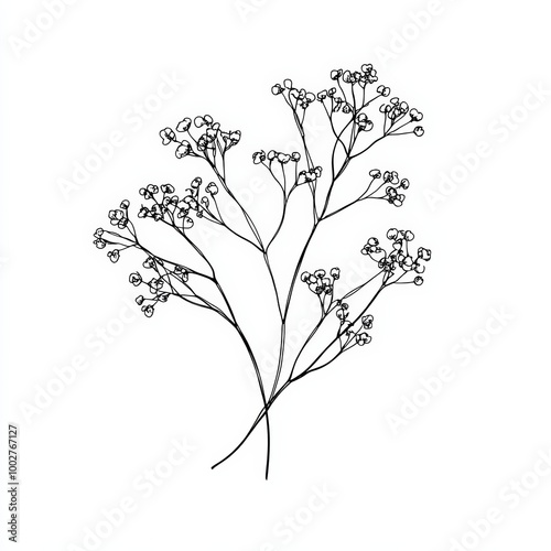 black and white transparent line drawing of a Babys Breath, white background, delicate drawing with no shadows or shading