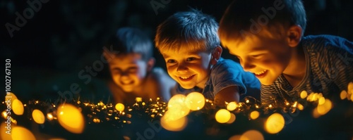 Laughing children looking at glowing fireflies in a dark forest, their curiosity piqued as they chase the lights, [amazed children , curiosity , laughter], [playful adventure], photo