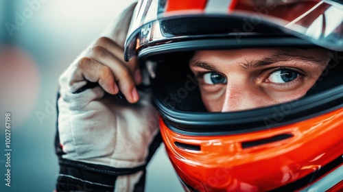 Close-up of Racer in Helmet Preparing for Race