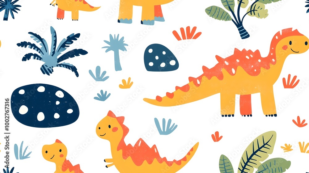 Colorful Cartoon Dinosaur and Tropical Foliage Pattern Colorful Cartoon Dinosaur and Tropical Foliage Pattern