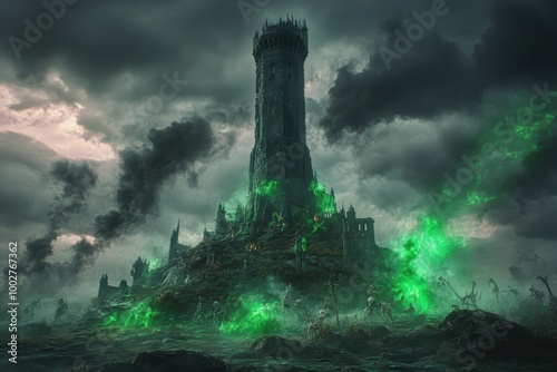 Twisted Necromancer's Tower Surrounded by Glowing Green Fog, Skeletons Rising from the Earth, and Dark Magic Swirling Around the Spire, with a Backdrop of Thunderous Black Skies. Fantasy Scenery photo