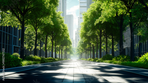 Green Urban Avenue with Skyscraper Backdrop