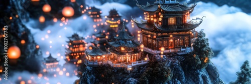 Ancient Chinese City atop a Mountain, with Glowing Lanterns Floating in the Air, Pagodas Made of Jade, and Mist Rolling in from the Valley Below. Fantasy Scenery photo