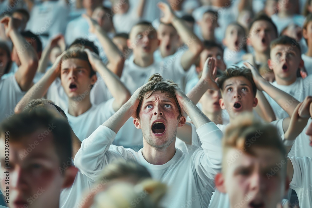 Fototapeta premium Group of disappointed sports fans react to missed goal or mistake in stadium. Fans wear white clothes and display frustration with hands on heads, sitting or standing together, focused on center.