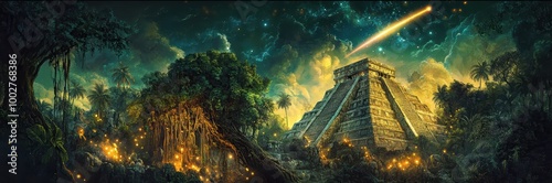 Ancient Mayan City in the Jungle with Crumbling Stone Pyramids Overgrown by Giant Roots, Glowing Fireflies in the Air, and a Bright Comet Streaking Across the Twilight Sky. Fantasy Scenery