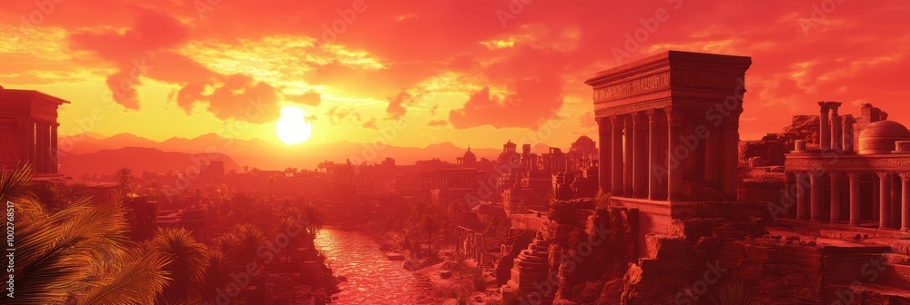 Fototapeta premium Majestic Fantasy Sunset Over Ancient City with River and Temples